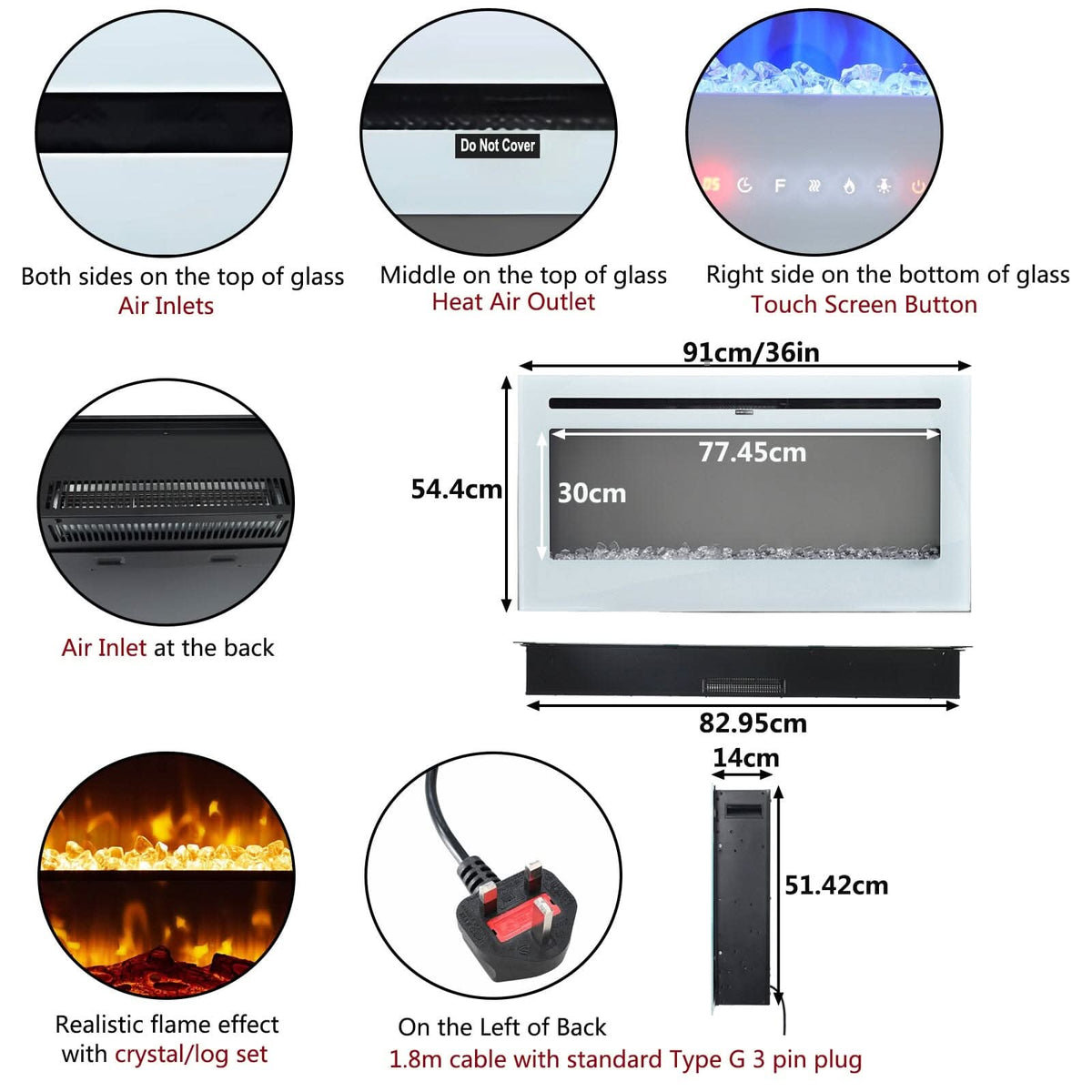 60 Inch Wall Mounted Fireplaces Recessed Fireplace 1800W White 5120BTU Electric Heaters