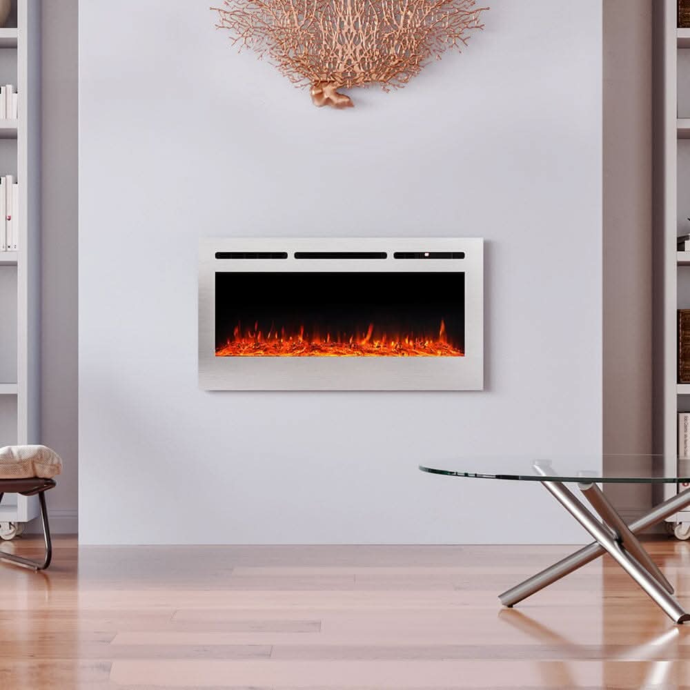60 Inch Electric Fireplace Silver Recessed Fire with 12 LED Flame Colour
