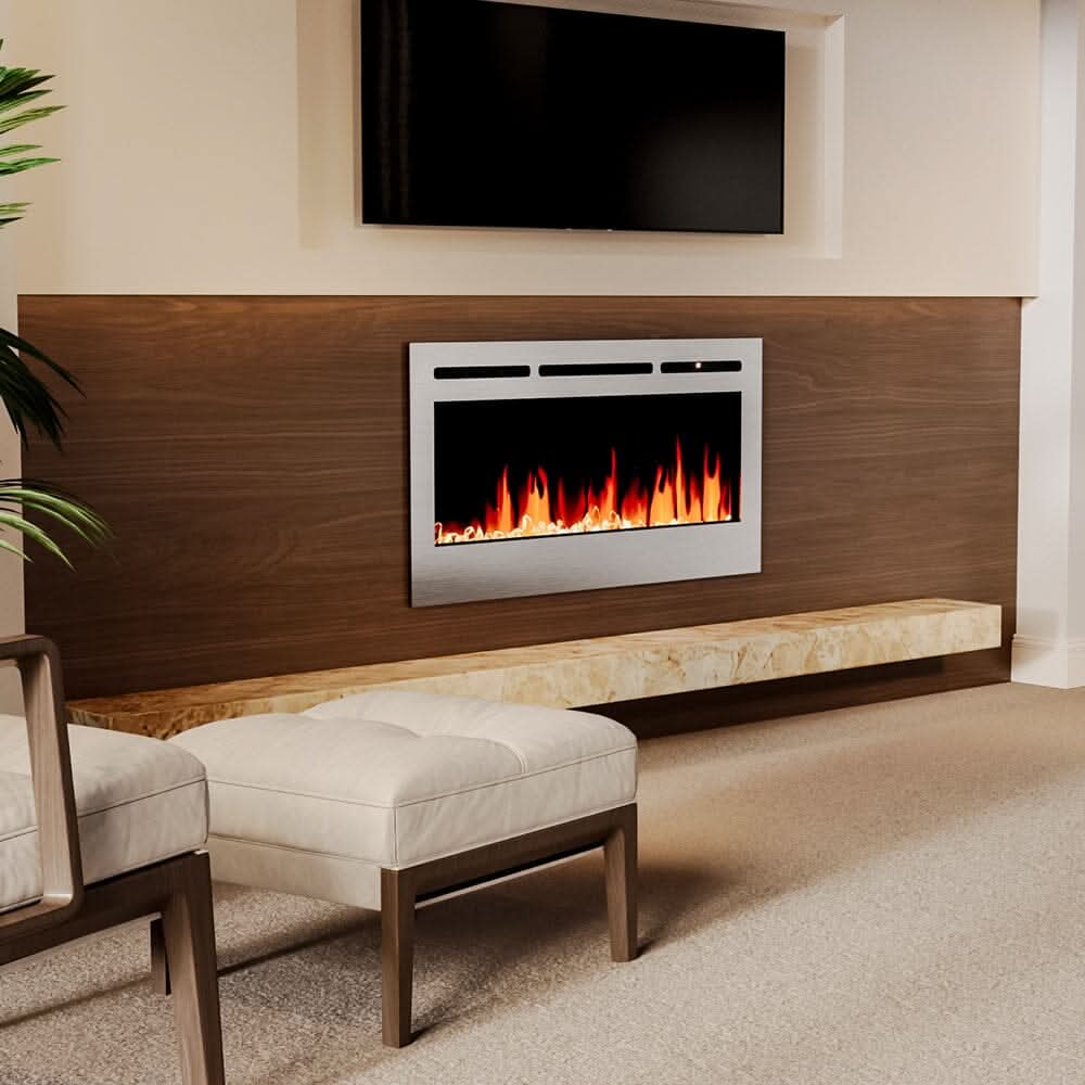 60 Inch Electric Fireplace Silver Recessed Fire with 12 LED Flame Colour
