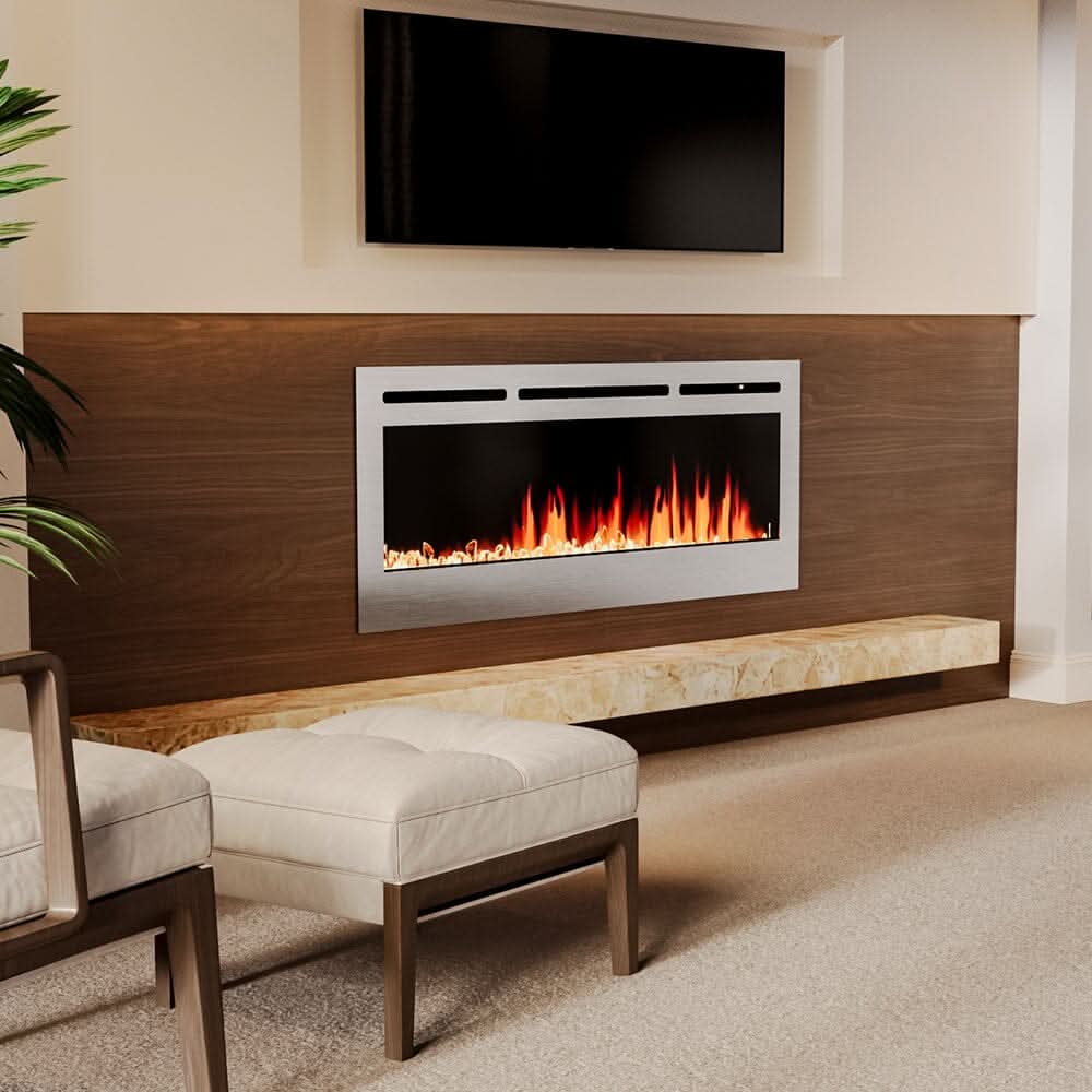 60 Inch Electric Fireplace Silver Recessed Fire with 12 LED Flame Colour