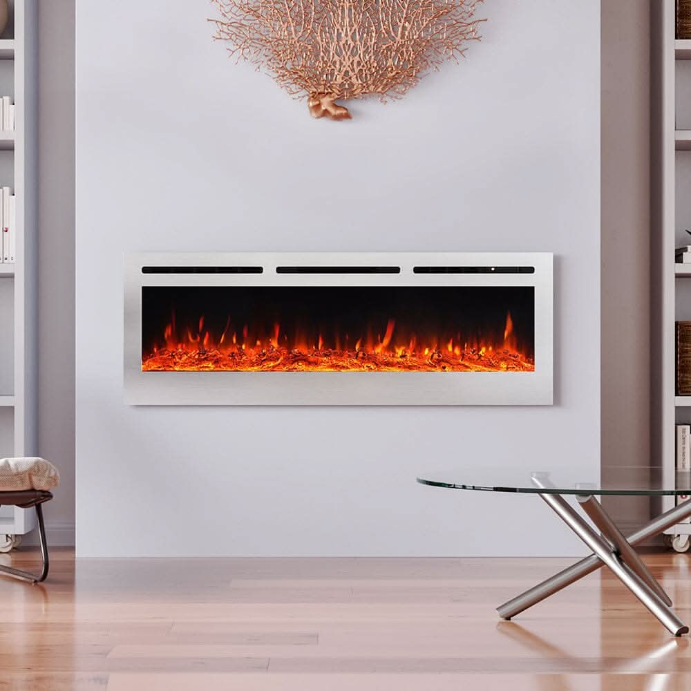 60 Inch Electric Fireplace Silver Recessed Fire with 12 LED Flame Colour