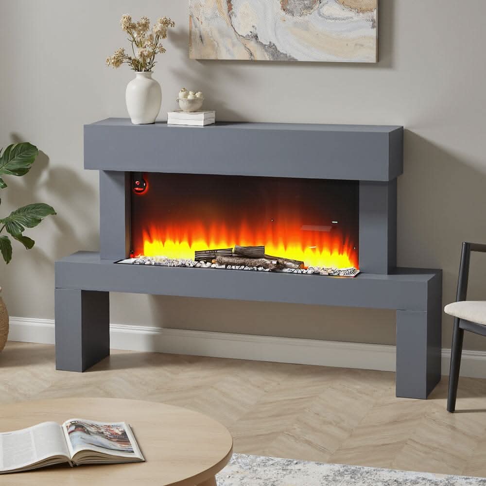 Dark Grey Freestanding Electric Fireplace with Stand