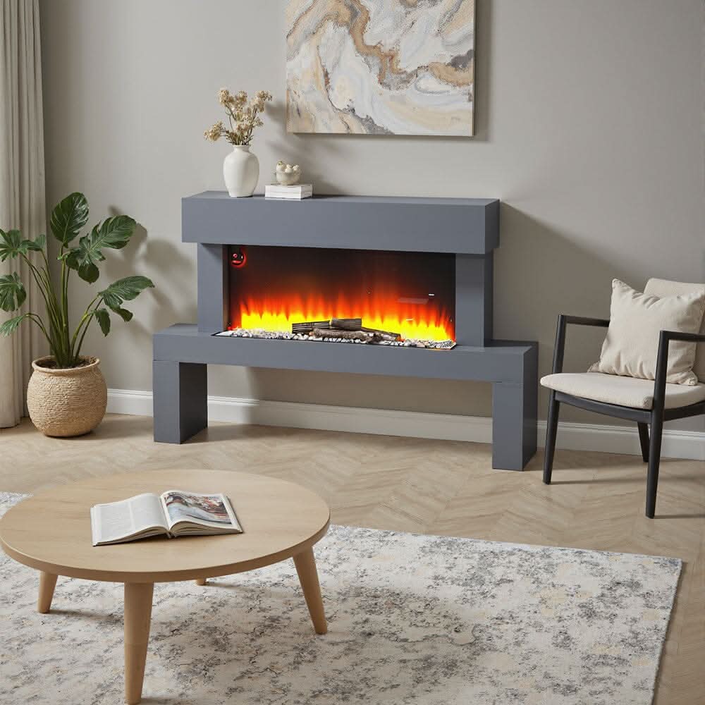 Dark Grey Freestanding Electric Fireplace with Stand