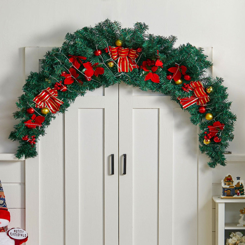 Christmas Rattan Garland 1.8m with 250 Rattan Branches, Bows, Christmas Balls, and Greenery