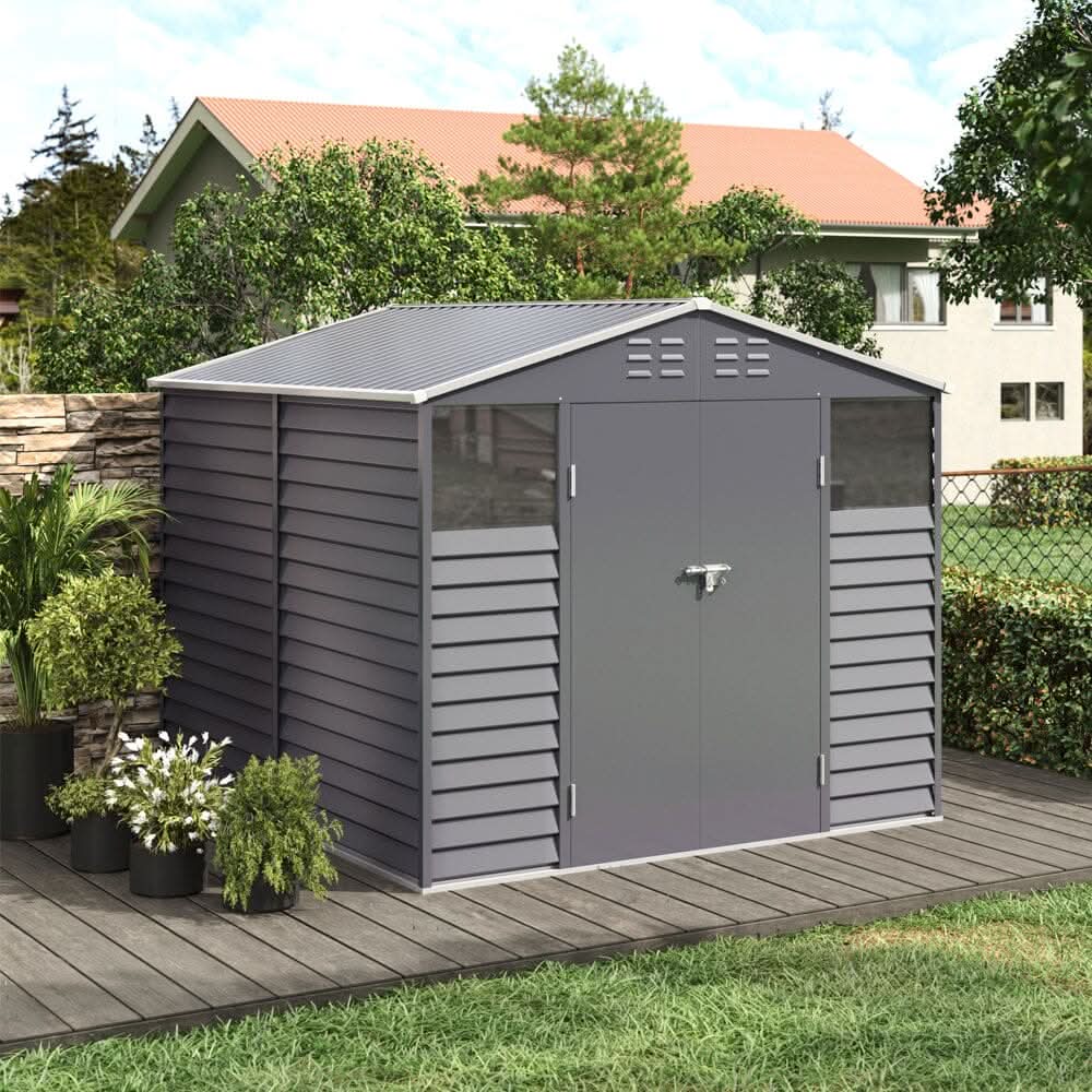 8×8.5 ft Charcoal Steel Tool Shed with Front Windows and Ventilation