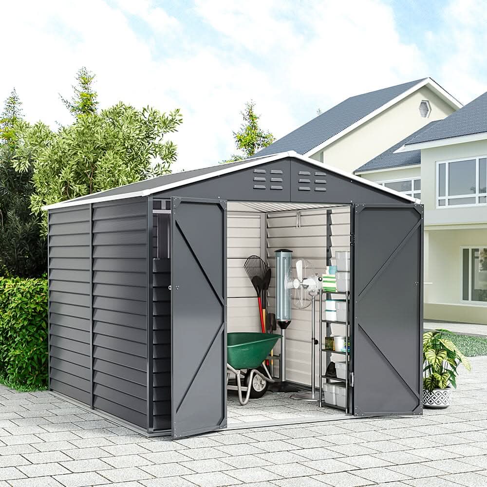 8×8.5 ft Charcoal Steel Tool Shed with Front Windows and Ventilation