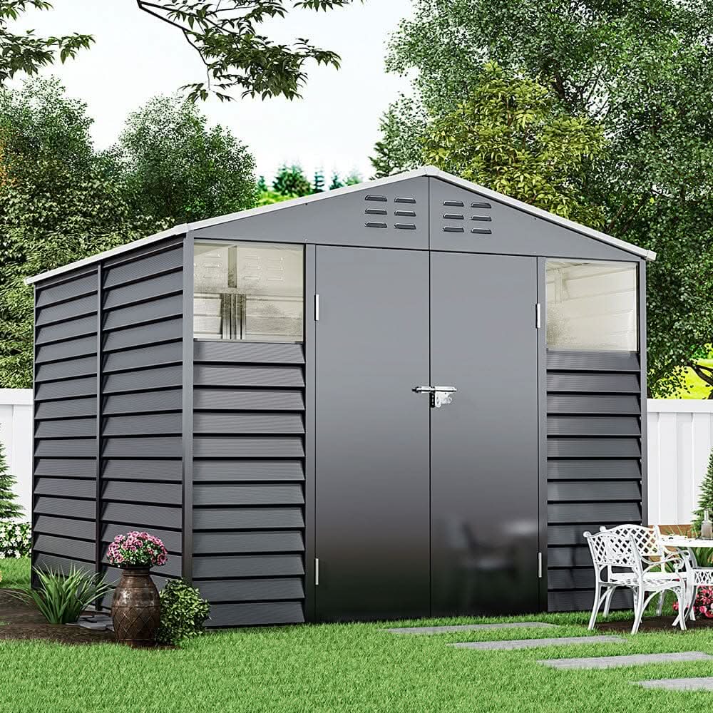 8×8.5 ft Charcoal Steel Tool Shed with Front Windows and Ventilation
