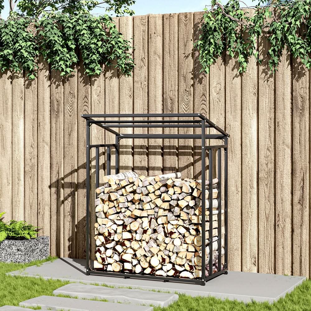 Garden Metal Tube Firewood Rack with PE Cover Roof