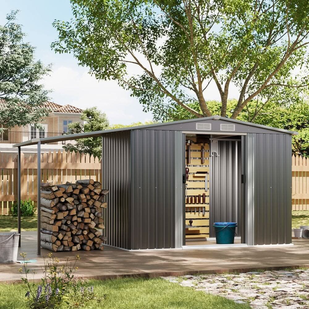 8×8ft/ 10×8ft Metal Grey Outdoor Storage Shed with Lean-to