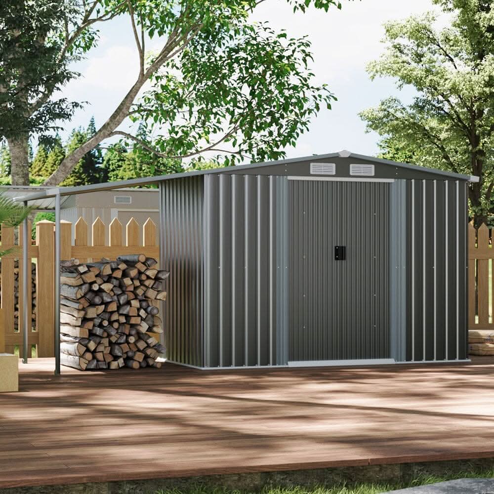 8×8ft/ 10×8ft Metal Grey Outdoor Storage Shed with Lean-to