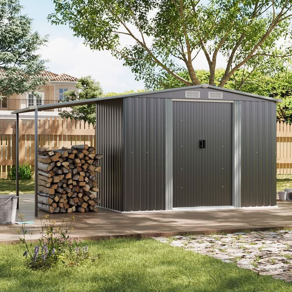 8×8ft/ 10×8ft Metal Grey Outdoor Storage Shed with Lean-to