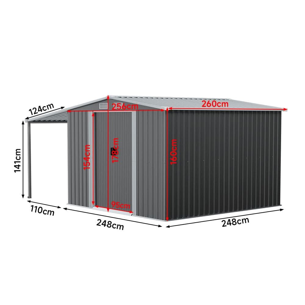 8×8ft/ 10×8ft Metal Grey Outdoor Storage Shed with Lean-to