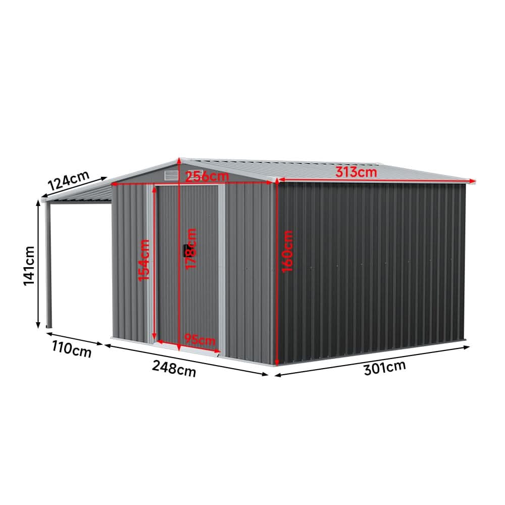 8×8ft/ 10×8ft Metal Grey Outdoor Storage Shed with Lean-to