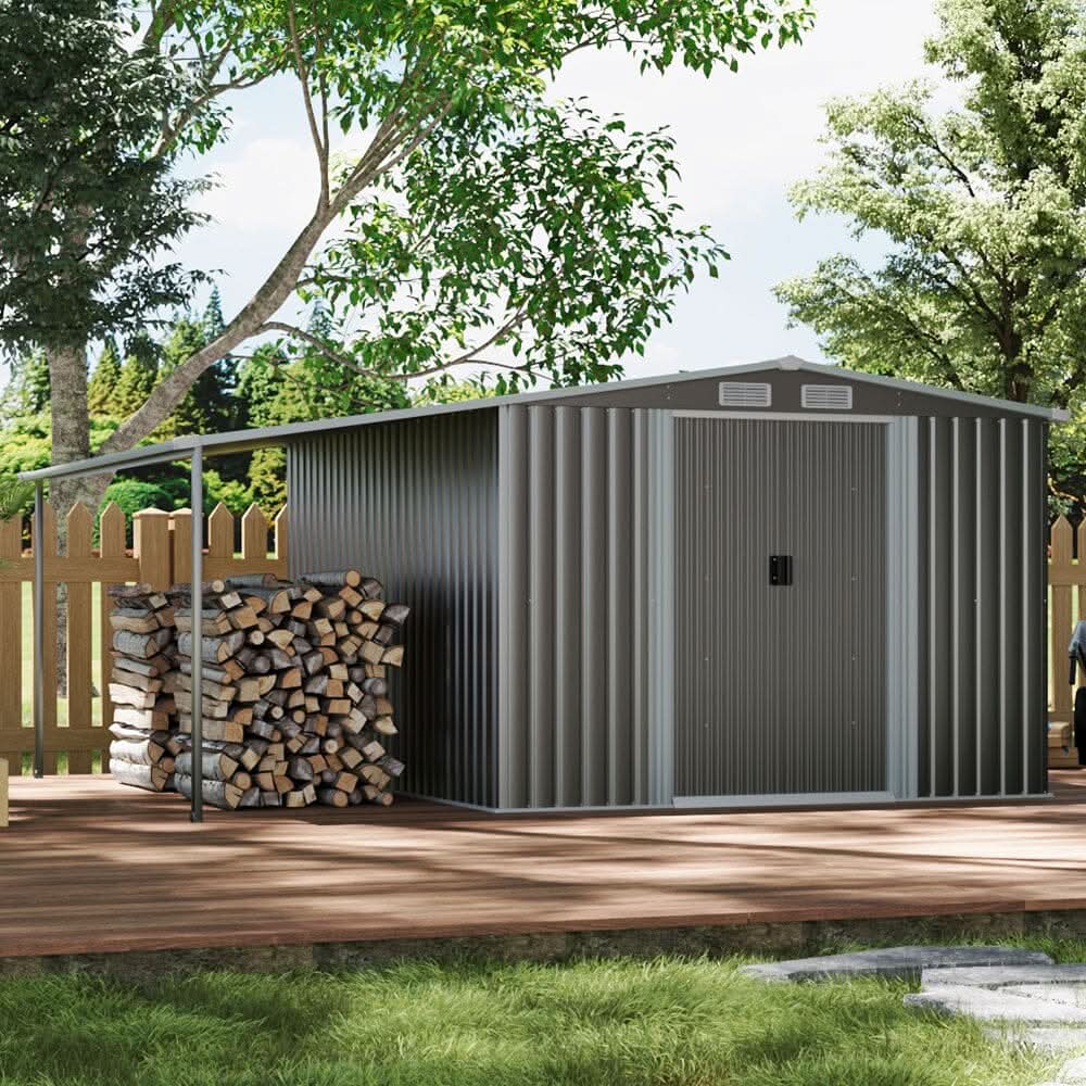 8×8ft/ 10×8ft Metal Grey Outdoor Storage Shed with Lean-to