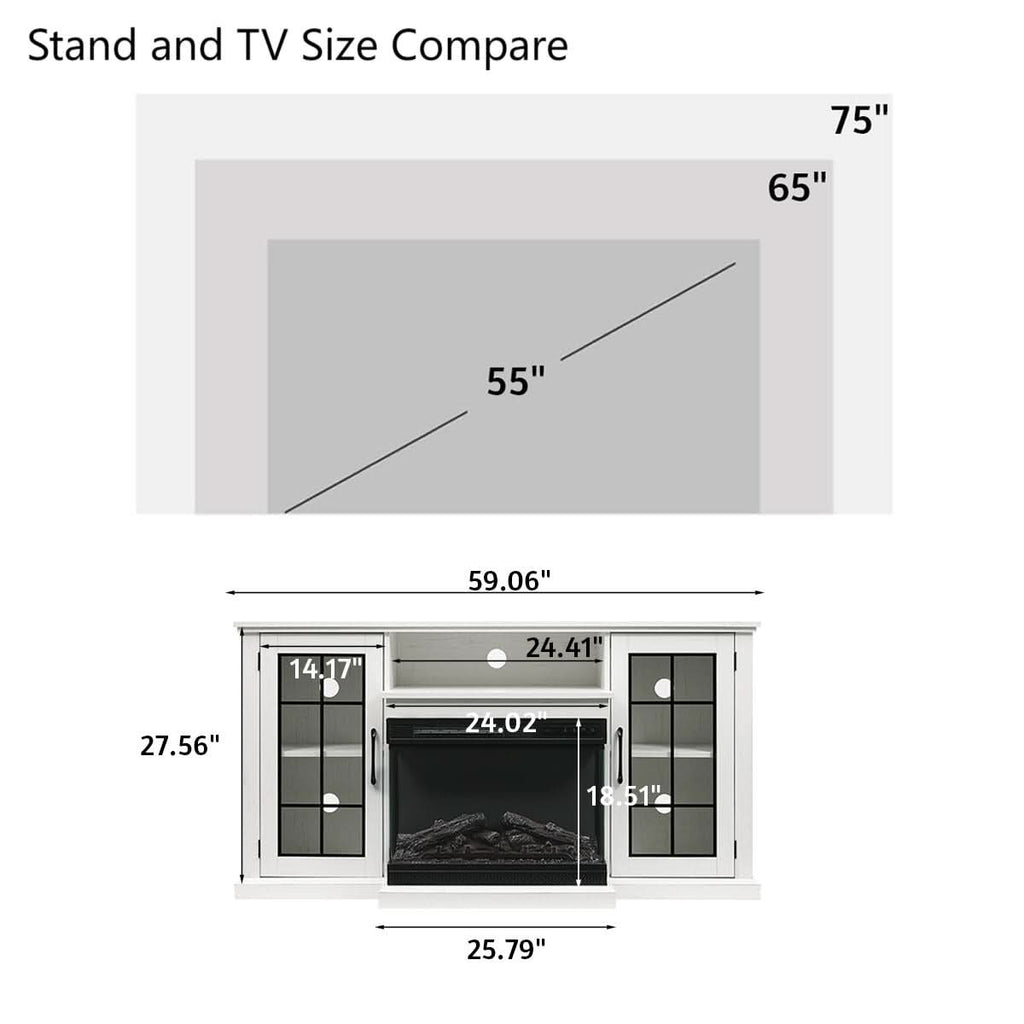 Smallbee Panoramic Glass Fireplace TV Stand with Storage Cabinets, Customizable Flames & Remote Control