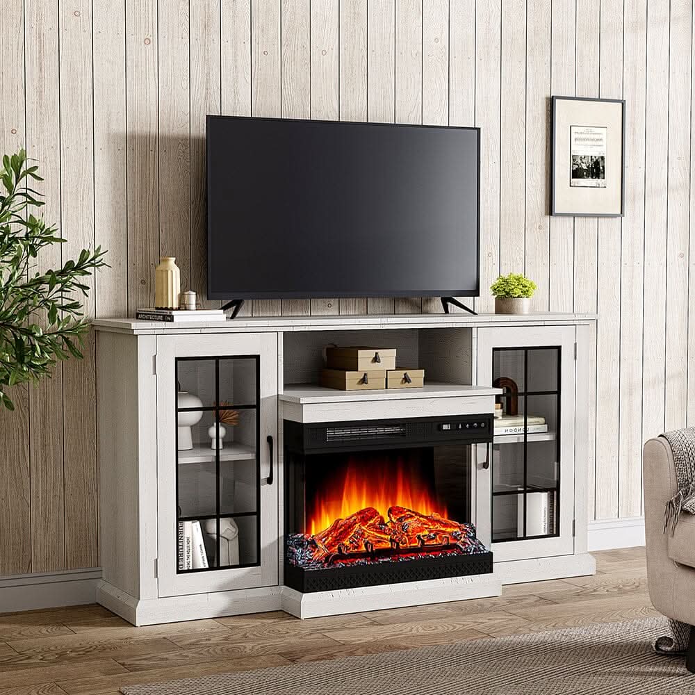 150CM W 3-sided electric fireplace TV cabinet with glass doors enclosed storage cabinet 3 flame colours