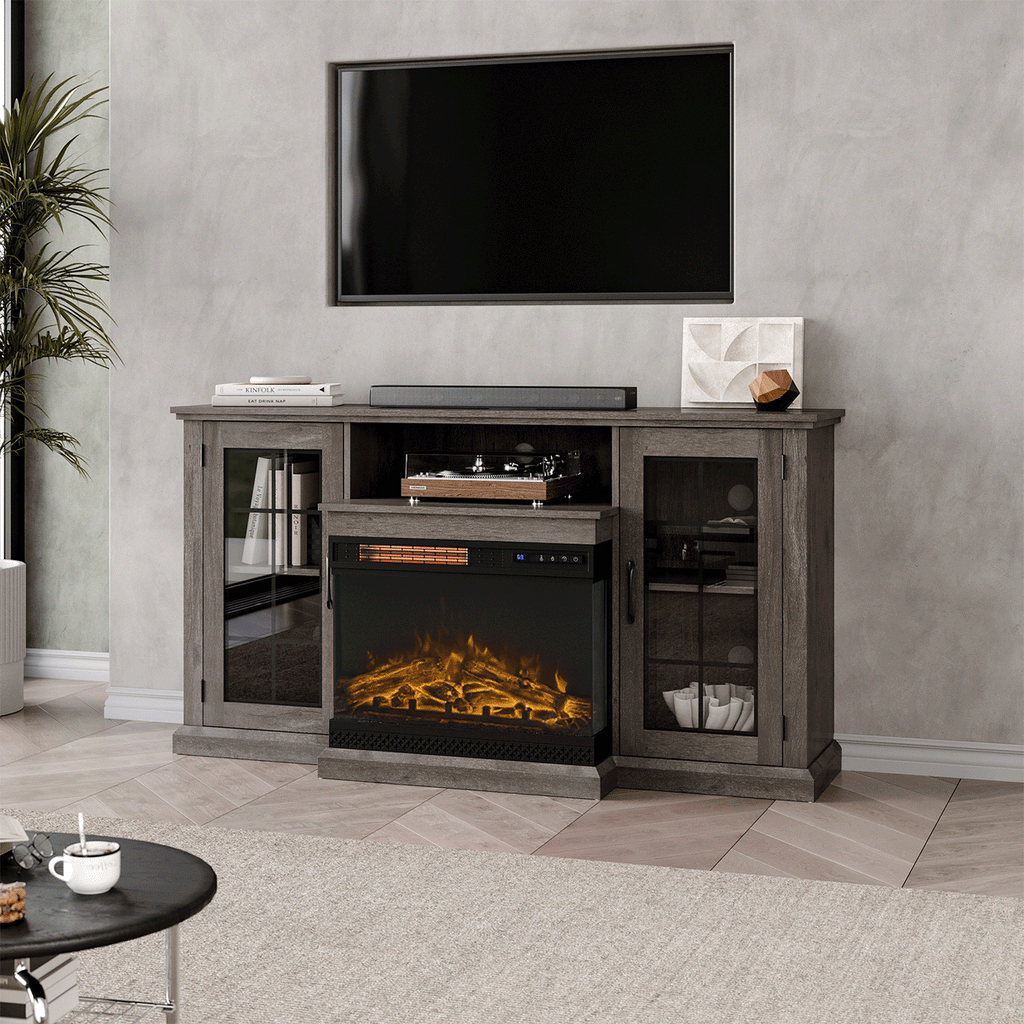 Smallbee Panoramic Glass Fireplace TV Stand with Storage Cabinets, Customizable Flames & Remote Control