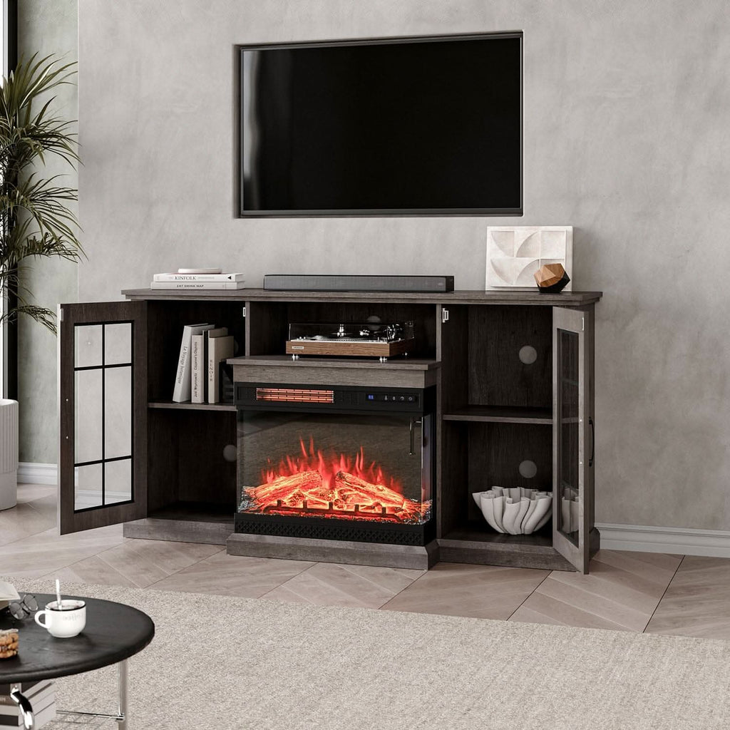 Smallbee Panoramic Glass Fireplace TV Stand with Storage Cabinets, Customizable Flames & Remote Control