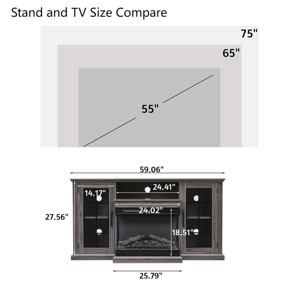 Smallbee Panoramic Glass Fireplace TV Stand with Storage Cabinets, Customizable Flames & Remote Control