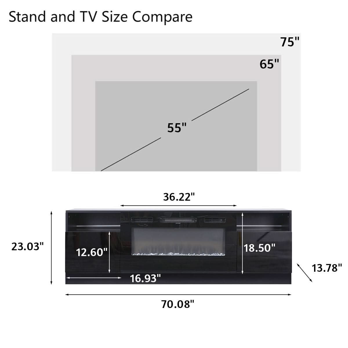 36 Inch Recessed Electric Fireplace TV Stand with Closed Storage
