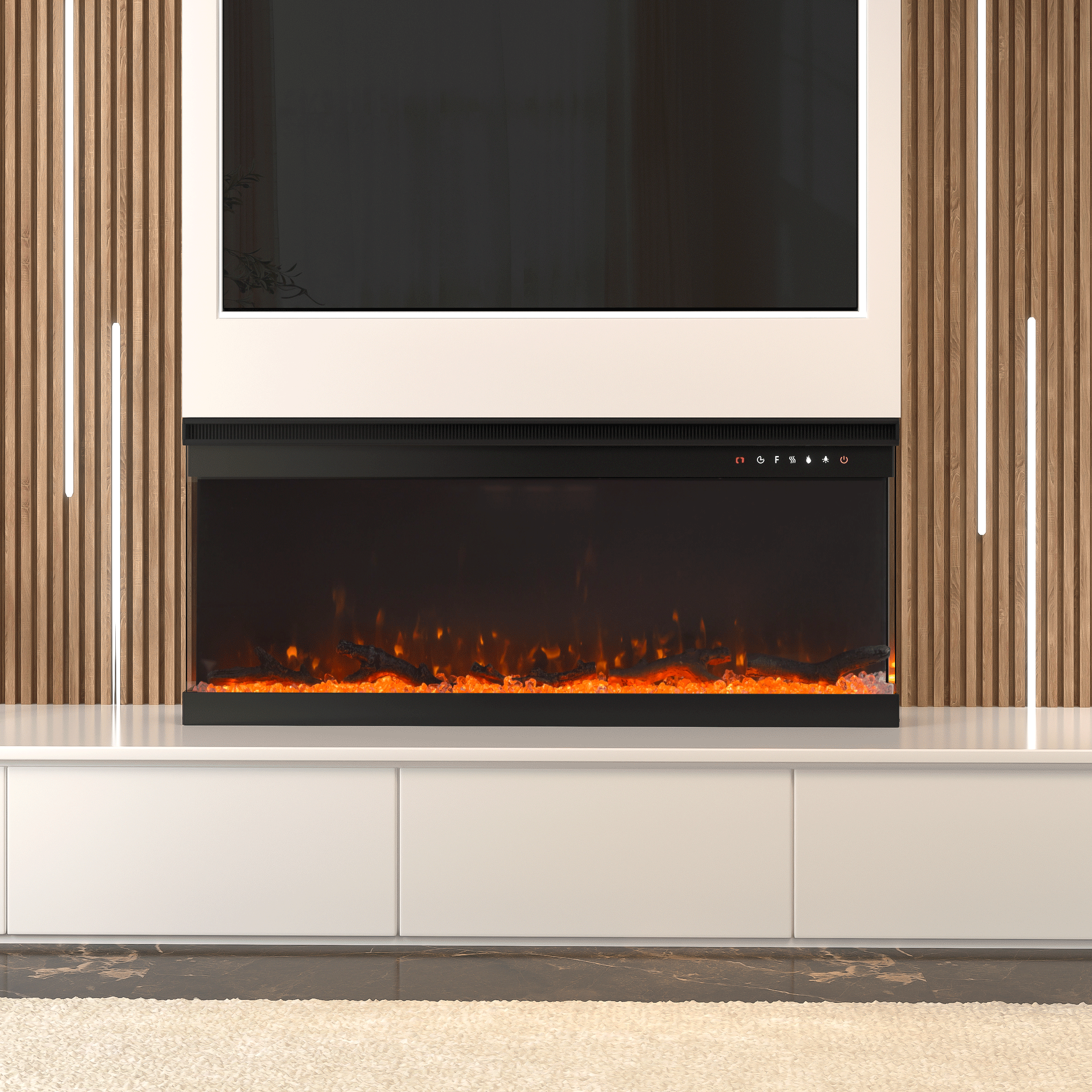 40/50/60/70-Inch 3-Sided Freestanding Electric Fireplace 12 Flame Colours and 5 Brightness Modes