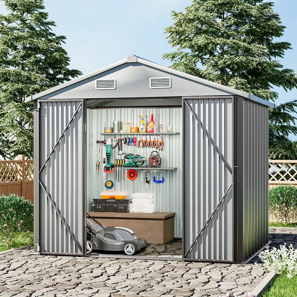 6×8 ft Metal Outdoor Storage Shed with Lockable Double Swing Doors