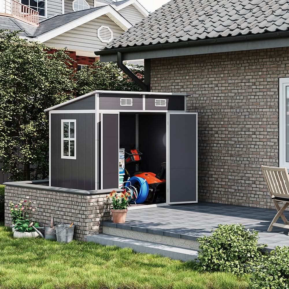 6x4ft / 8x4ft Plastic Outdoor Garden Storage Shed  with Light Grey