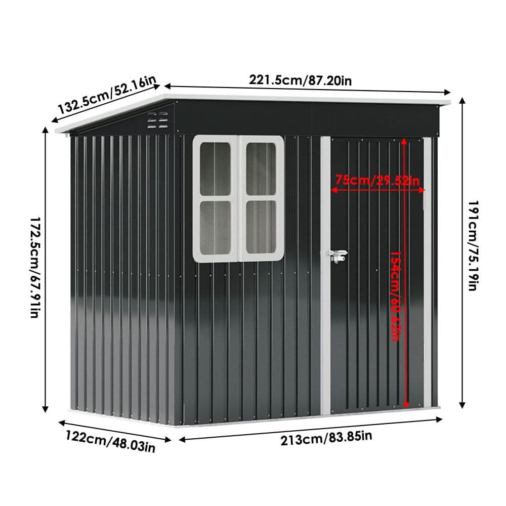 7X4ft/8.5X5.5ft/10x8ft Charcoal Black Storage Shed with Double Doors and Grid Window