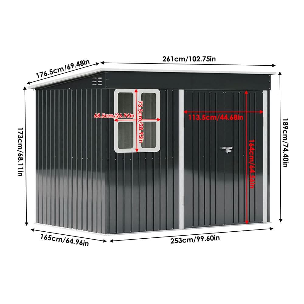 7X4ft/8.5X5.5ft/10x8ft Charcoal Black Storage Shed with Double Doors and Grid Window