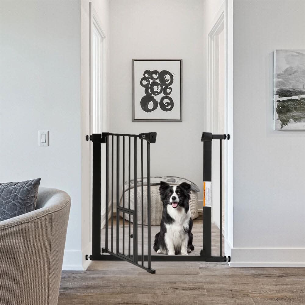 Pet Safety Gate Stair Pressure Fit with Lockable Cat Flap