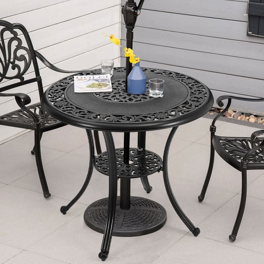 Black Cast Aluminum Round Patio Dining Table with Umbrella Hole