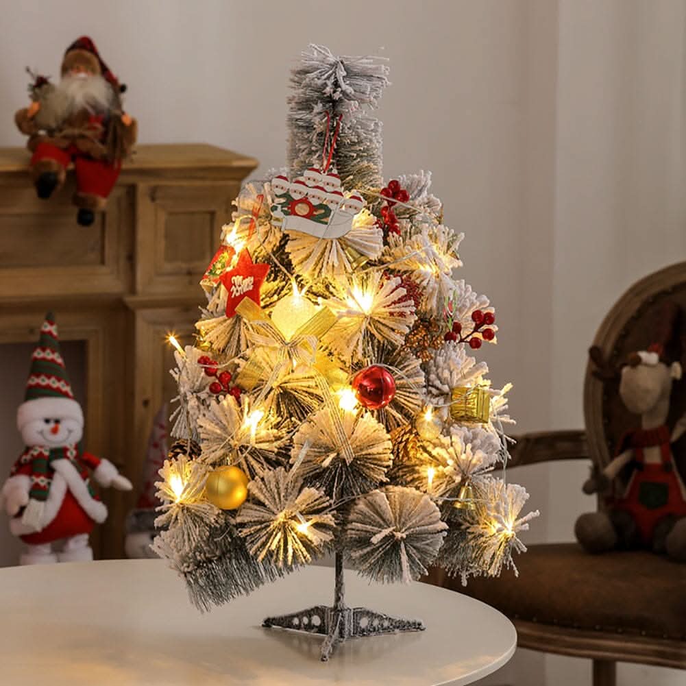 60cm Snow-Flocked Pine Needle DIY Christmas Tree with Ornaments & Warm Light String