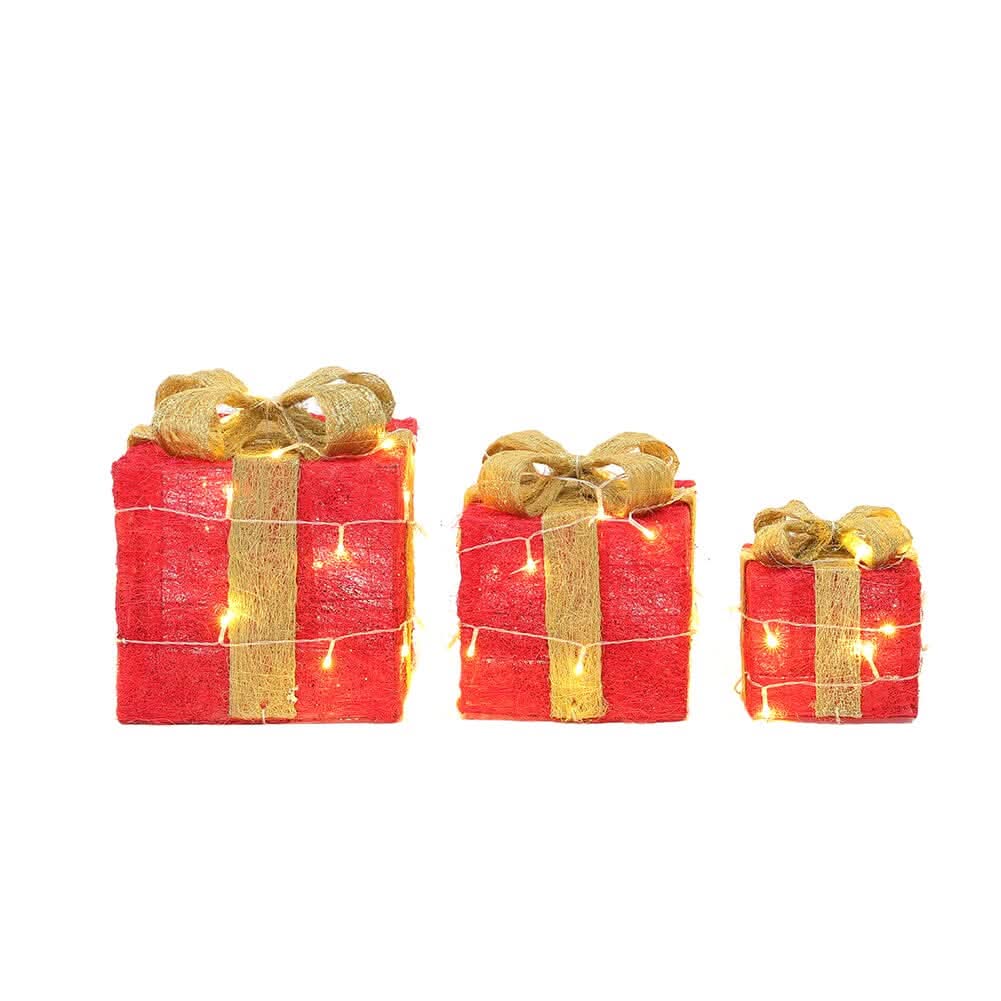 Pre-Lit Golden Christmas Gift Box Set with Warm Lights