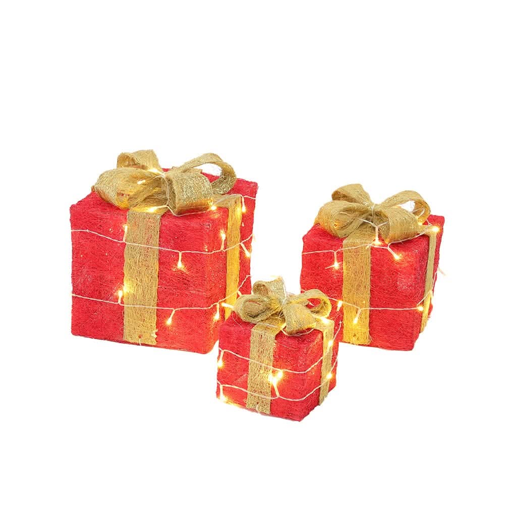 Pre-Lit Golden Christmas Gift Box Set with Warm Lights