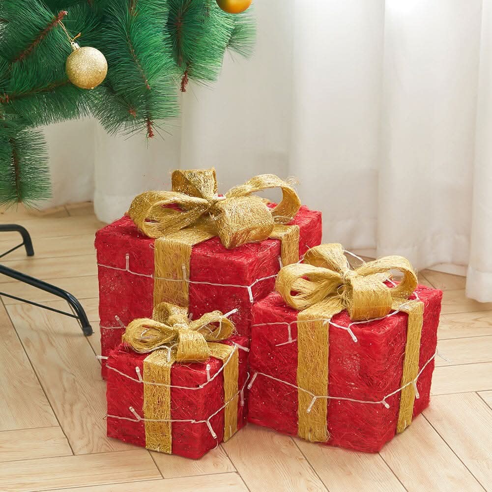 Pre-Lit Golden Christmas Gift Box Set with Warm Lights