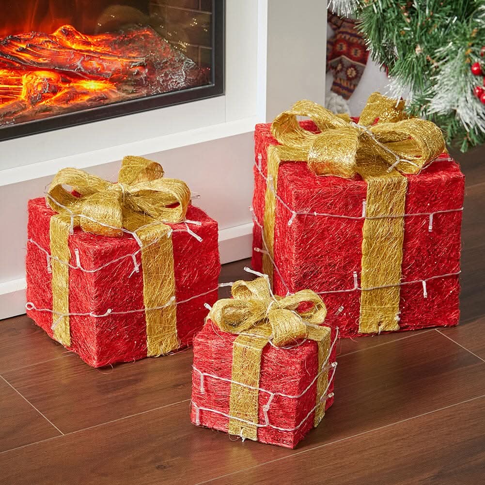 Pre-Lit Golden Christmas Gift Box Set with Warm Lights