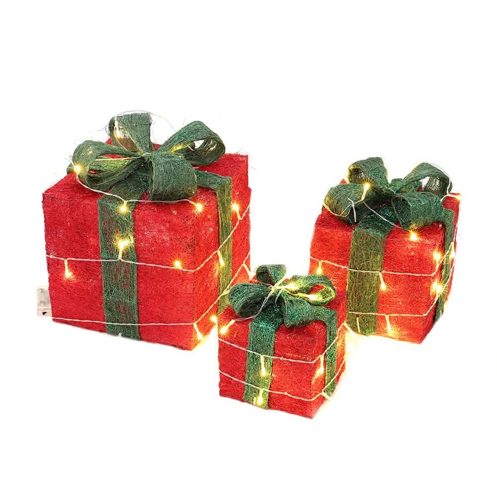 Pre-Lit Green Christmas Gift Box Set with Warm Lights