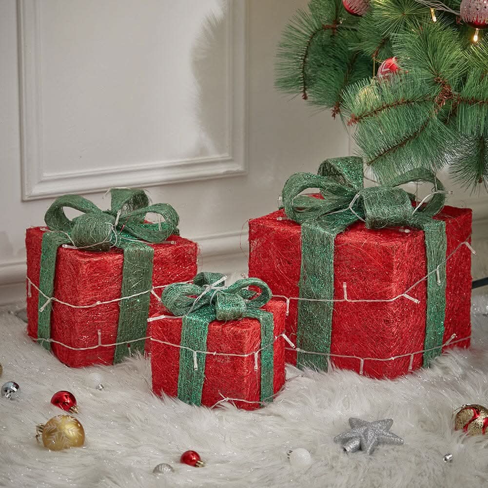 Pre-Lit Green Christmas Gift Box Set with Warm Lights