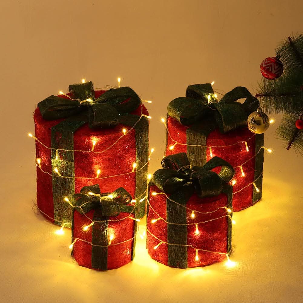 Christmas Gift Box Set with LED Lights - 4 Pieces (15/20/25/30cm)