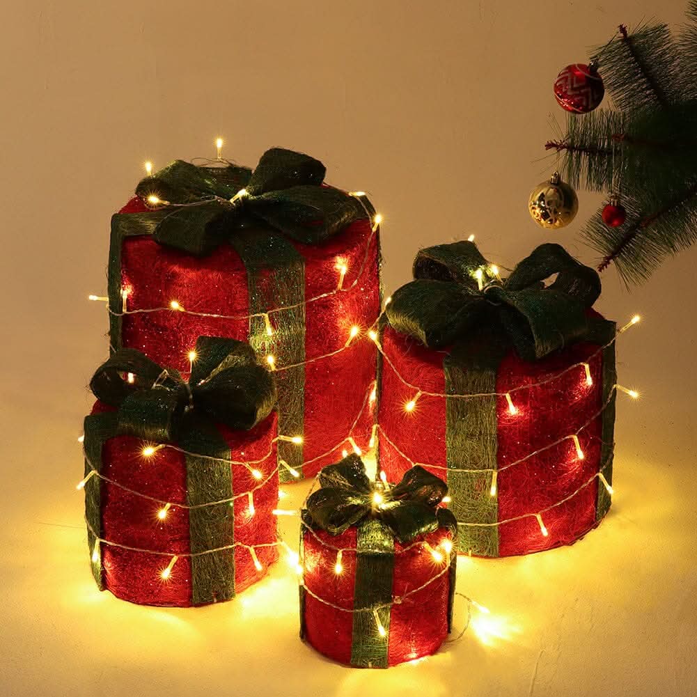 Christmas Gift Box Set with LED Lights - 4 Pieces (15/20/25/30cm)