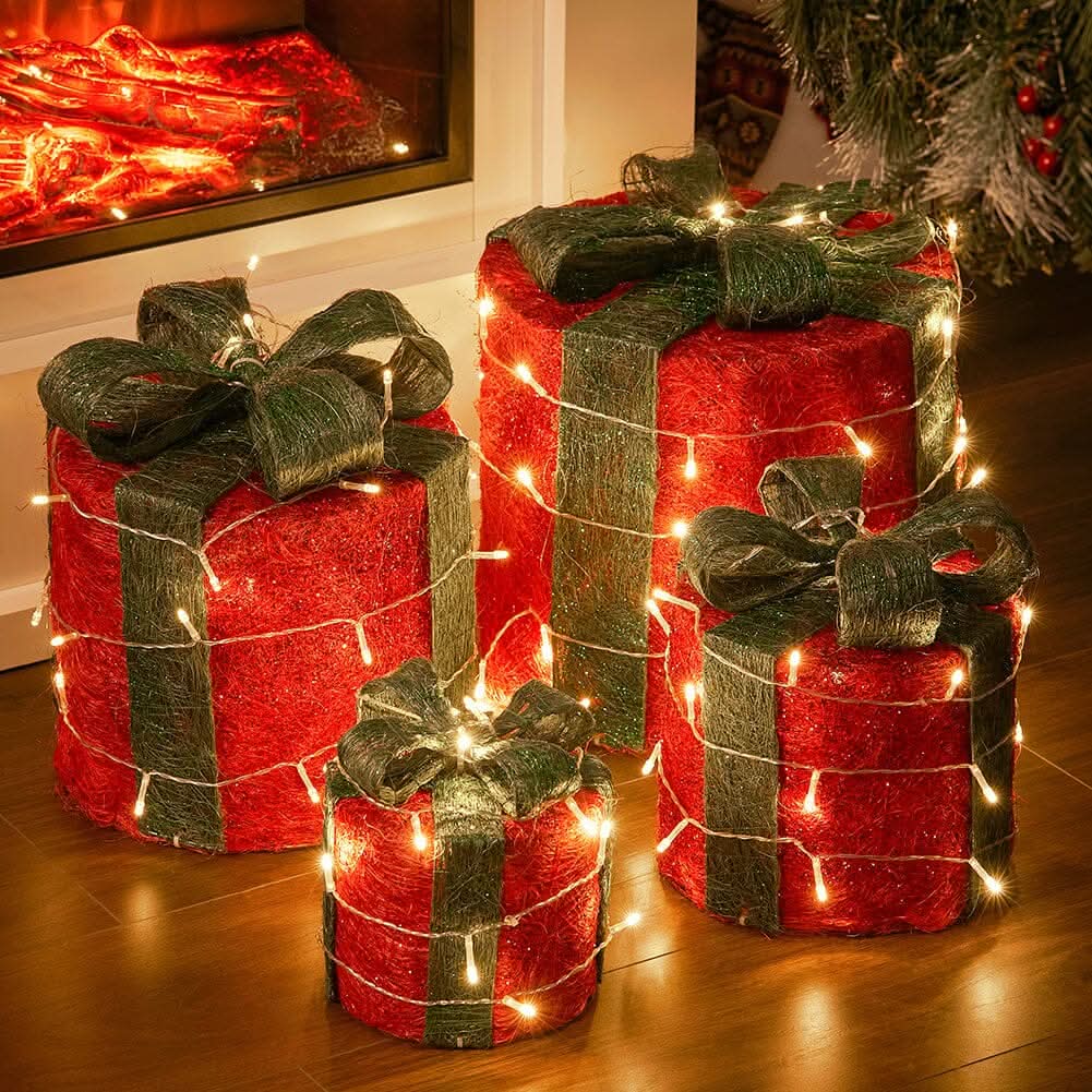 Christmas Gift Box Set with LED Lights - 4 Pieces (15/20/25/30cm)