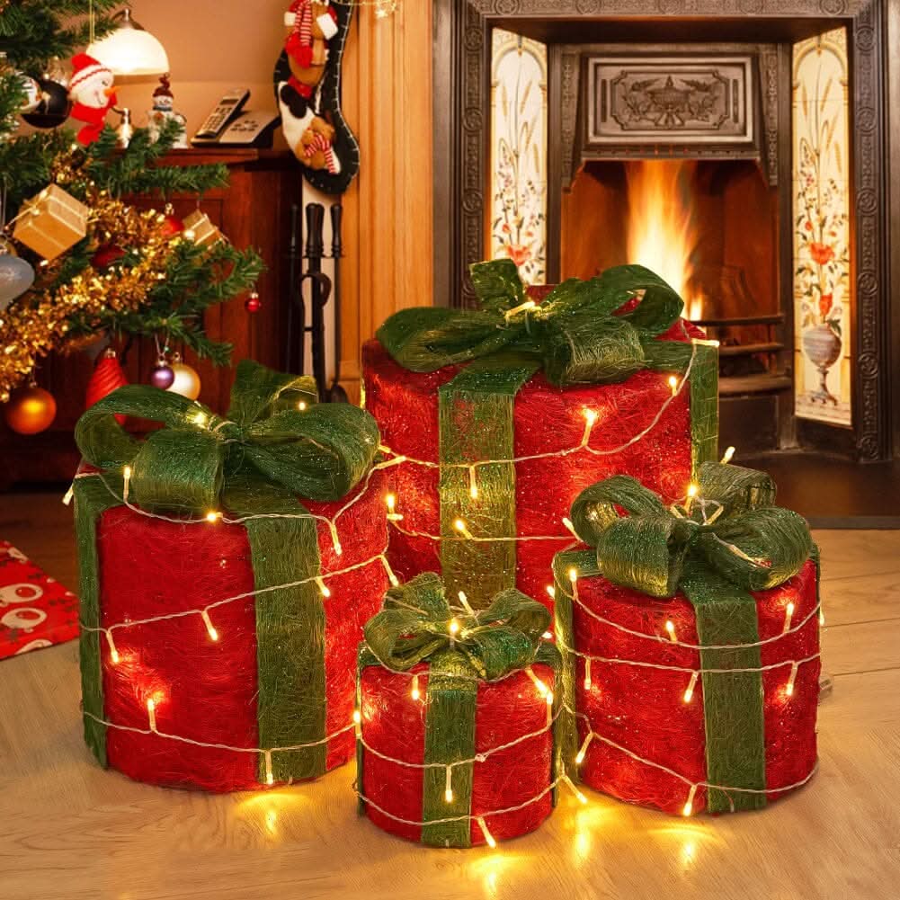 Christmas Gift Box Set with LED Lights - 4 Pieces (15/20/25/30cm)