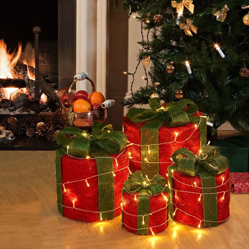 Christmas Gift Box Set with LED Lights - 4 Pieces (15/20/25/30cm)