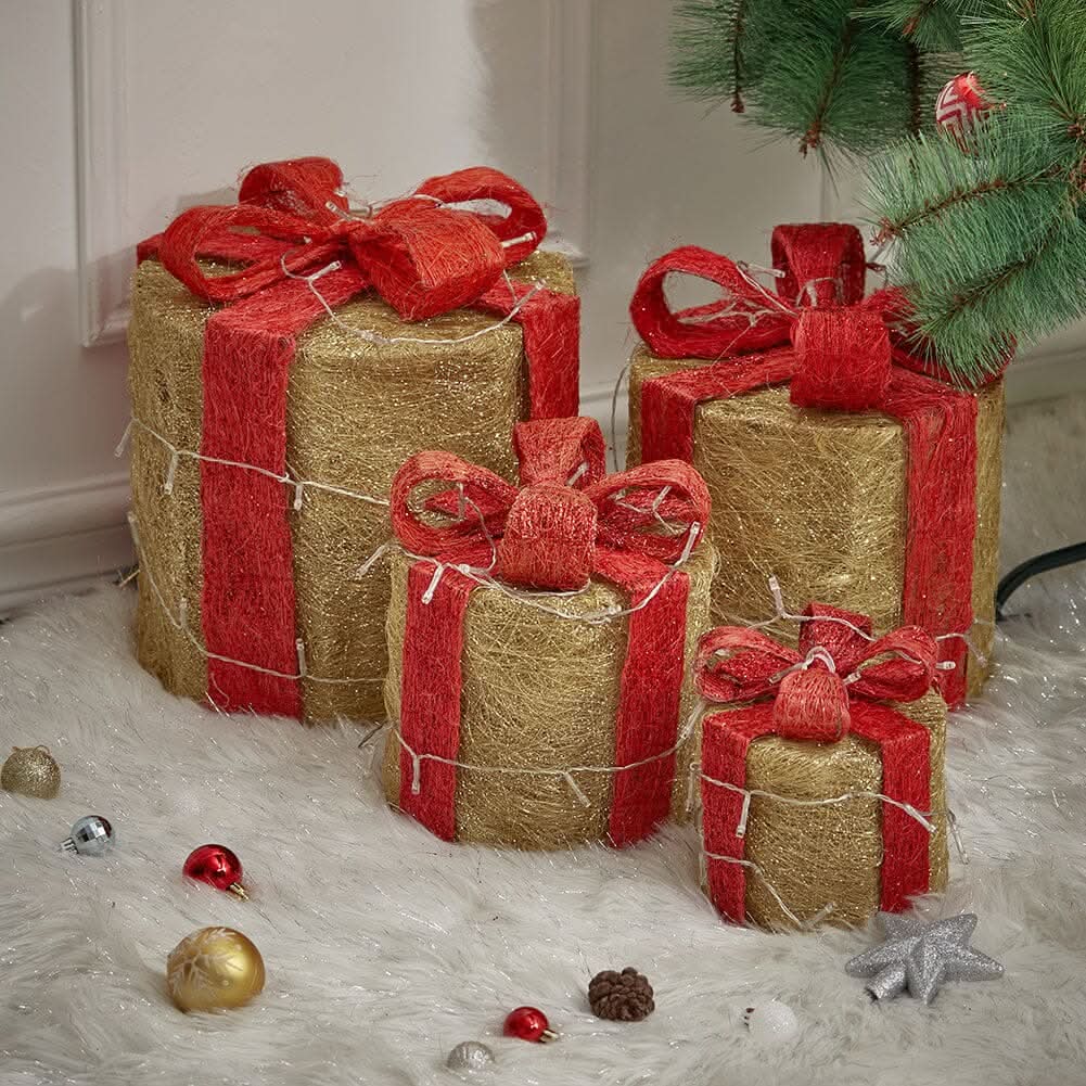 4-Piece Lighted Gold Jute Christmas Round Ornaments (15/20/25/30cm)