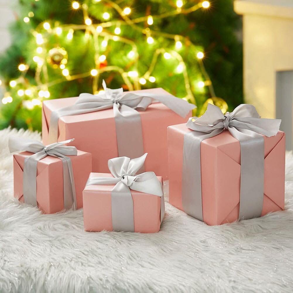 7-Piece Paper Ribbon Christmas Gift Box Set in Beige Pink