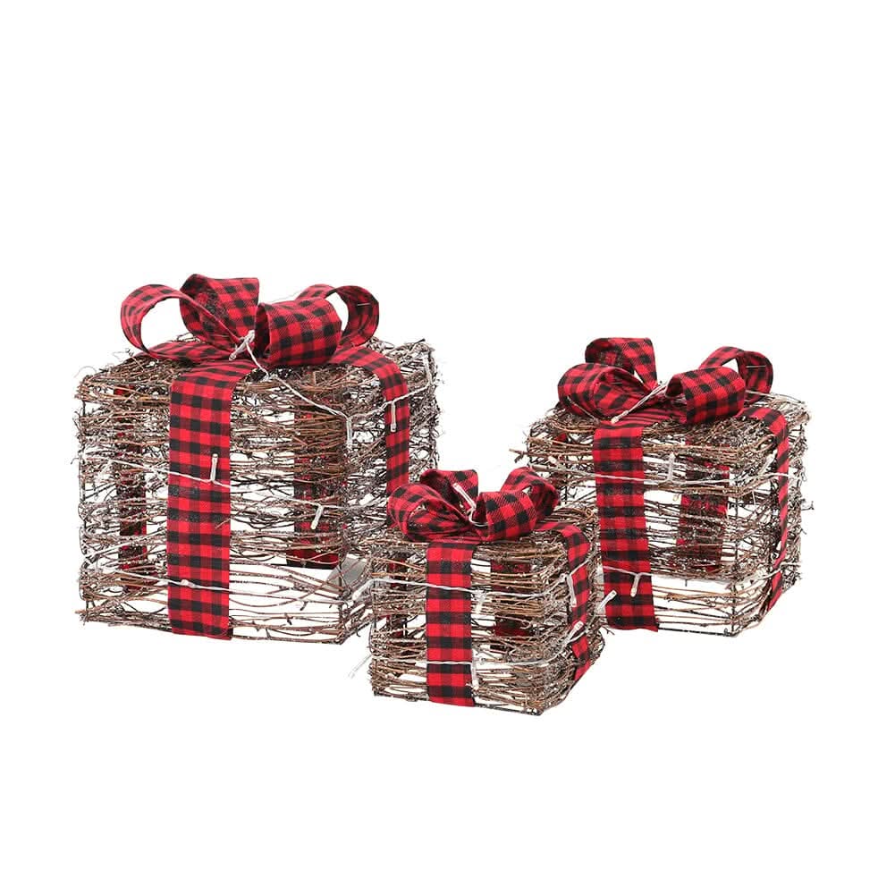 Pre-Lit Woven Christmas Gift Box Set with Checked Bows