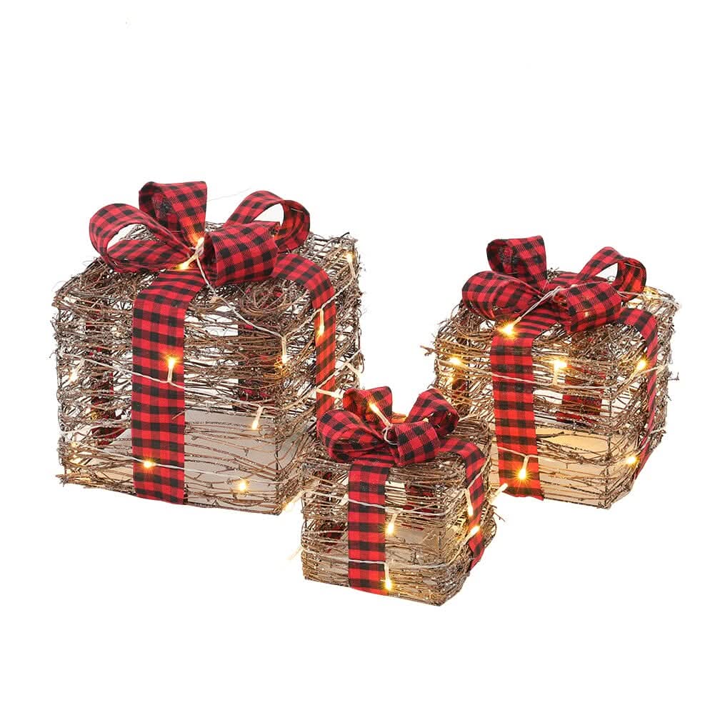 Pre-Lit Woven Christmas Gift Box Set with Checked Bows