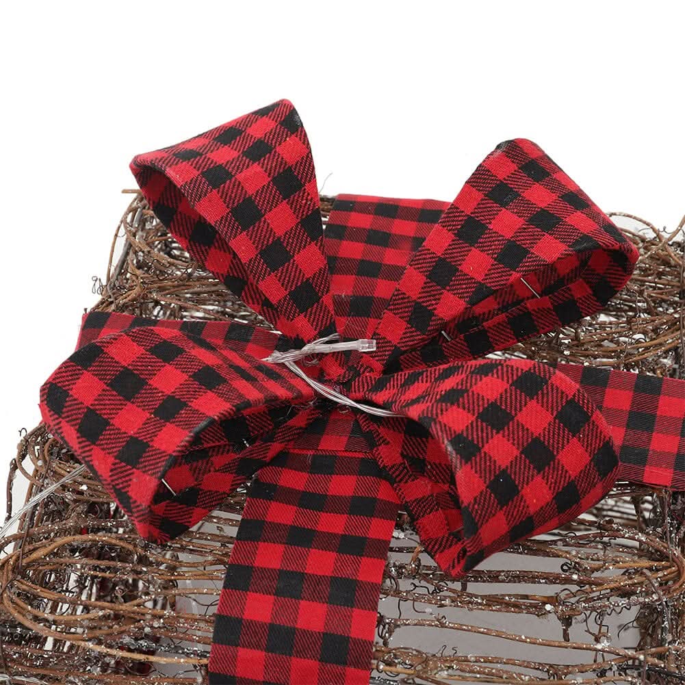 Pre-Lit Woven Christmas Gift Box Set with Checked Bows