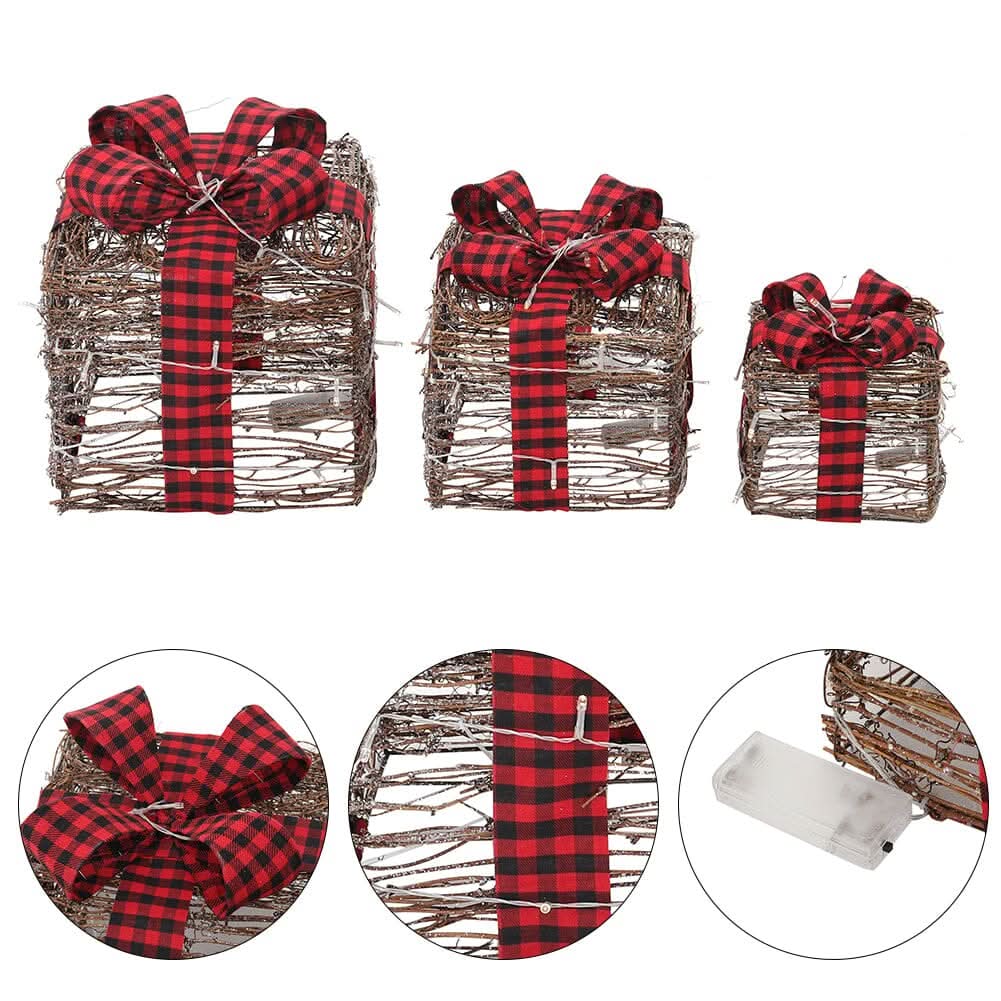 Pre-Lit Woven Christmas Gift Box Set with Checked Bows