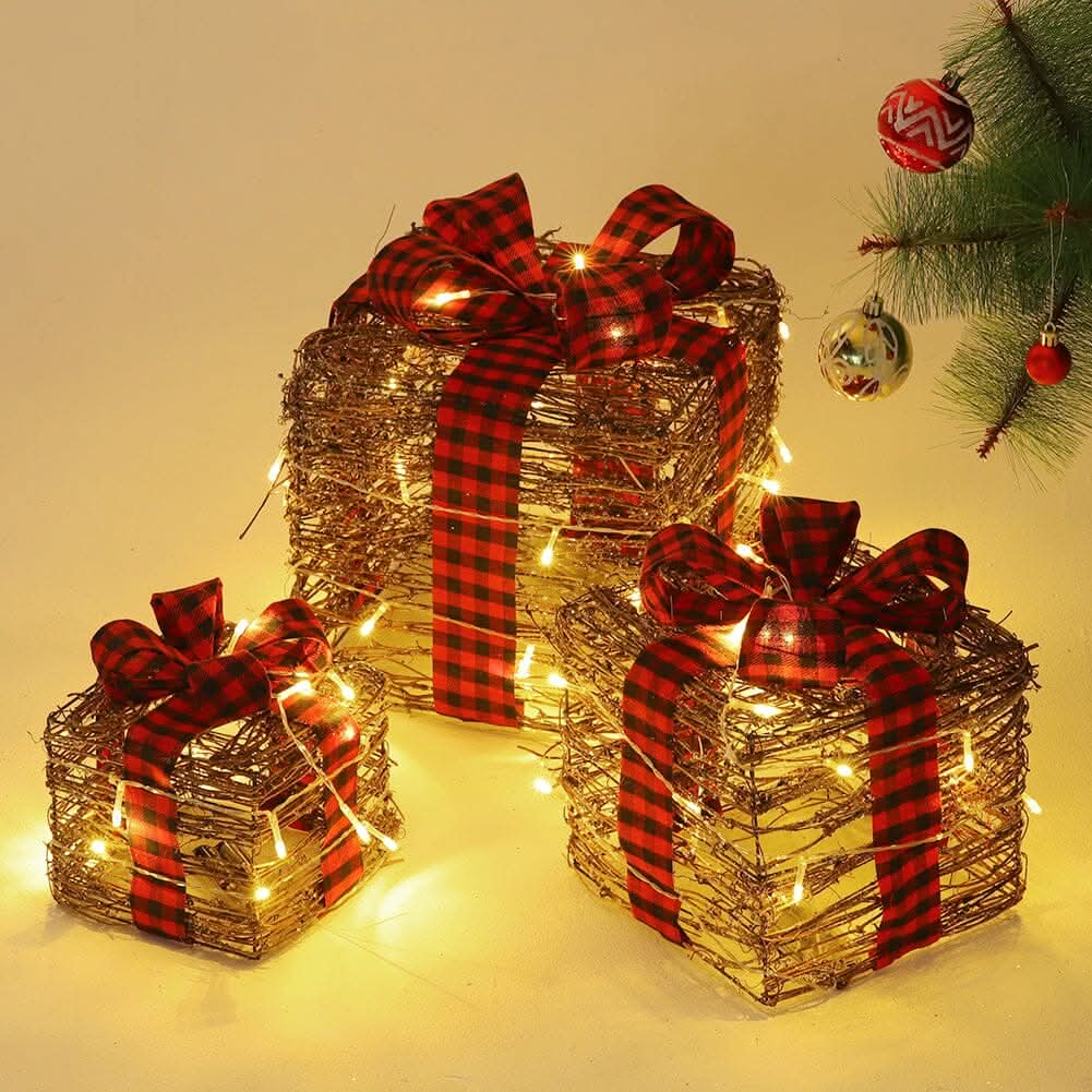 Pre-Lit Woven Christmas Gift Box Set with Checked Bows